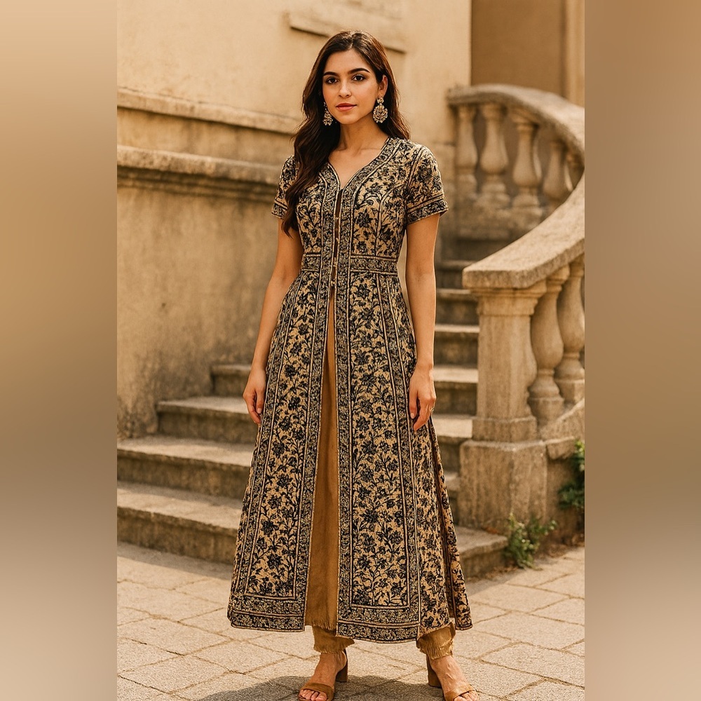 DIVA Heritage-Style Long Floral Jacket Desi Inspired Button-Front Tunic